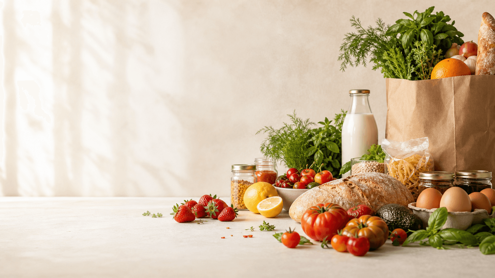 Fresh groceries arranged in a premium market setting